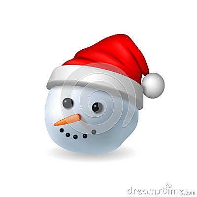 Snowman face 3D. Realistic snowman head isolated white background. Cartoon graphic design. Comic expression costume Vector Illustration