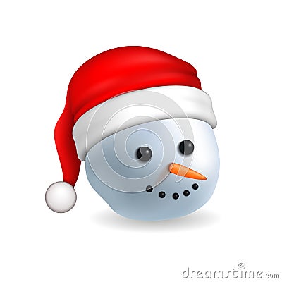 Snowman face 3D. Realistic snowman head isolated white background. Cartoon graphic design. Comic expression costume Vector Illustration