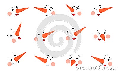 Snowman face. Snowmen smiling faces, winter holiday carrot nose. Cute graphic christmas decorations for stickers, cards Vector Illustration