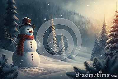 Snowman forest and mountain background. Christmas concept. Generative ai Stock Photo