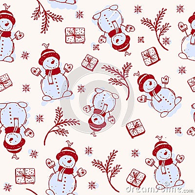 Snowman, gifts, snowflakes and pine branches seamless background. Seasonal greetings vector illustration. Vector Illustration