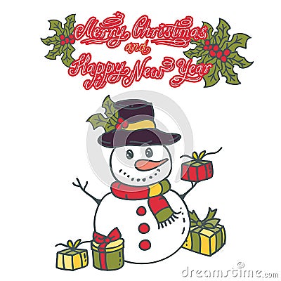 Snowman with gifts vector illustration on white background Vector Illustration