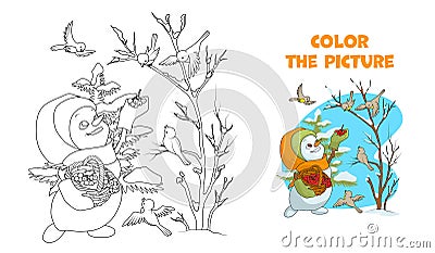 Snowman girl feeding birds. Coloring page Cartoon Illustration