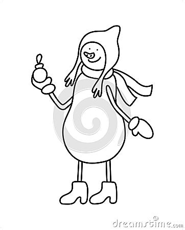 A snowman girl in a hat with tassels and a scarf, holds a New Year s toy in her hand. Winter female character. Vector Vector Illustration