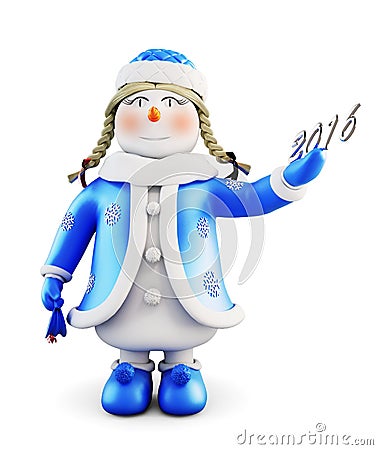 Snowman-girl on white background. Front view. 3d. Cartoon Illustration