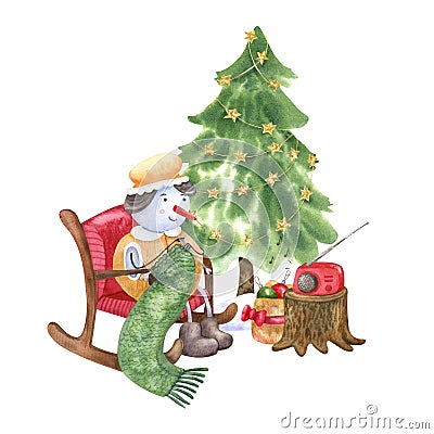 Snowman grandma knitting and listening to music near in rocking chair near Christmas tree watercolor illustration Cartoon Illustration