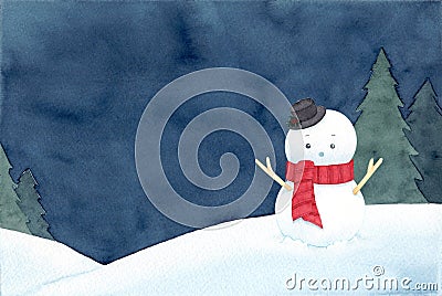 A snowman with hat and red scarf. Calm night winter scenery background. Cartoon Illustration