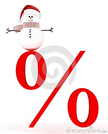 Snowman in a hat of Santa Claus standing on a precent sale sign Stock Photo