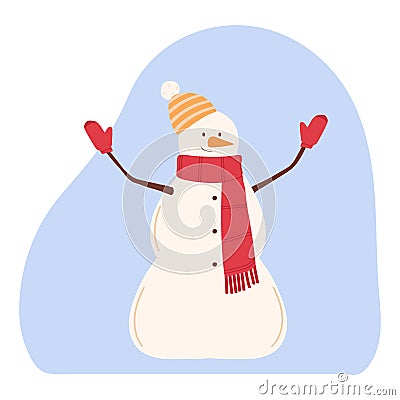 Snowman in a hat and scarf isolated on a blue background. Cheerful winter character. Banner, poster, postcard. Vector illustration Cartoon Illustration