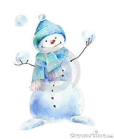 Snowman in hat and scarf plays snowballs Cartoon Illustration