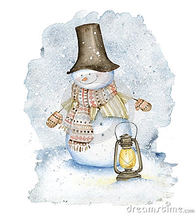 Snowman with hat, scarf, street oil lamp and mittens on winter snow background Stock Photo