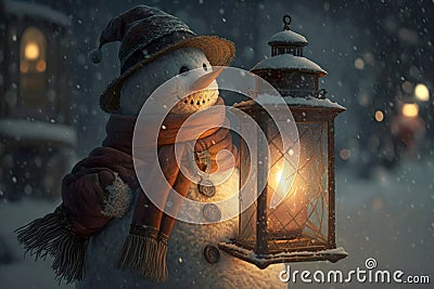 Snowman holding Christmas lantern on snowfall background. Congratulation Merry Christmas and Happy New Year! Generative AI Stock Photo