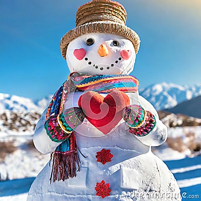 Snowman holding a red heart in his hands, in front of a mountainous landscape Stock Photo