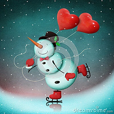 Snowman on ice with hearts. Stock Photo