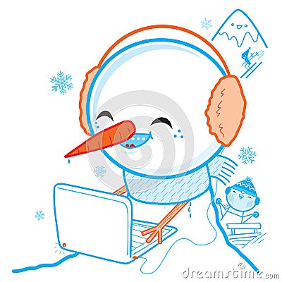 Snowman with laptop Vector Illustration