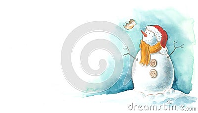 Snowman with little bird Stock Photo