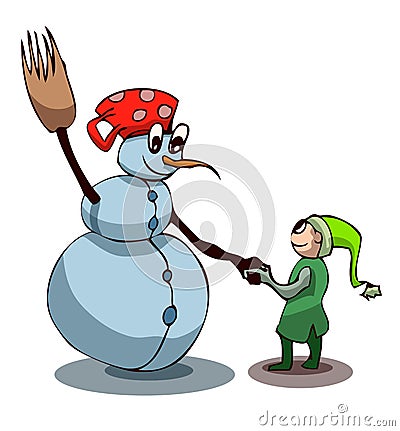 Snowman and Little Elf Friendship. Vector Illustration