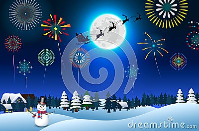 Set of realistic snowman with fireworks show isolated or cute snowman with santa hat on snowy background. Vector Illustration