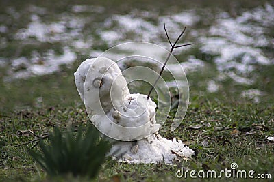 Snowman melting with green grass. Concept: spring Stock Photo