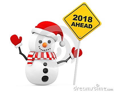 Snowman with 2018 New Year Ahead Sign. 3d Rendering Stock Photo