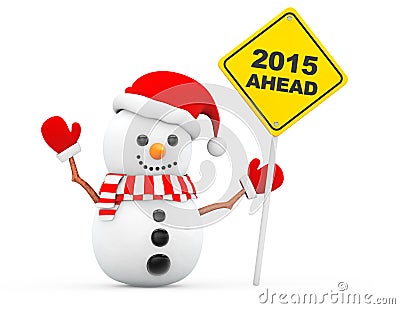 Snowman with 2015 New Year Ahead Sign Stock Photo