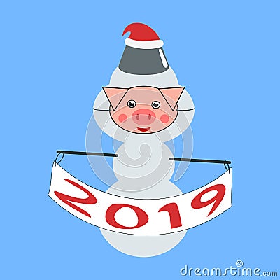 Snowman Piglet Holding A Banner In His Hands Vector Illustration