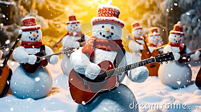 Snowman playing guitar in front of group of snowmen. Generative AI Stock Photo