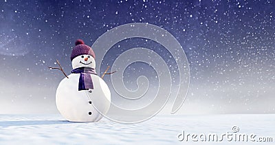 Snowman with purple scarf and winter hat at snowy Christmas night Stock Photo