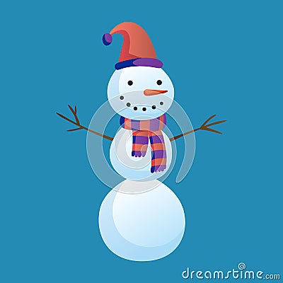 Snowman raising hands with top hat and scarf isolated on white background. Winter theme. Vector character illustration Vector Illustration