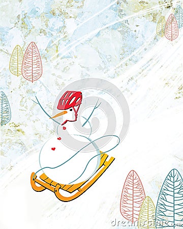 Snowman in a red helmet pulls himself off the mountain on a sled Stock Photo