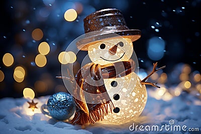 Snowman with red scarf and hat in winter scene Stock Photo