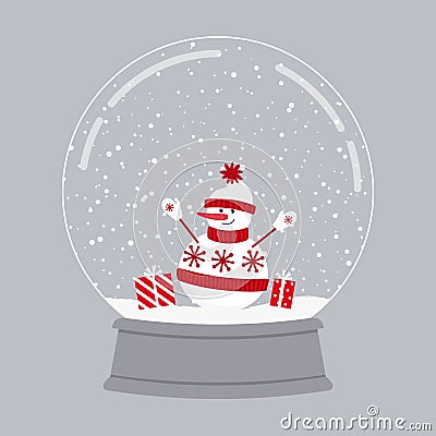 Snowman in red winter clothes with gifts in a glass snow globe. Christmas souvenir Vector Illustration
