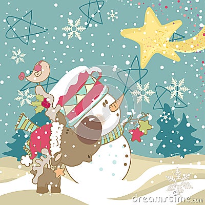 Snowman, Reindeer and Falling Star Vector Illustration