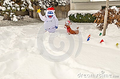 Snowman and Reindeer Yard Decorations Stock Photo
