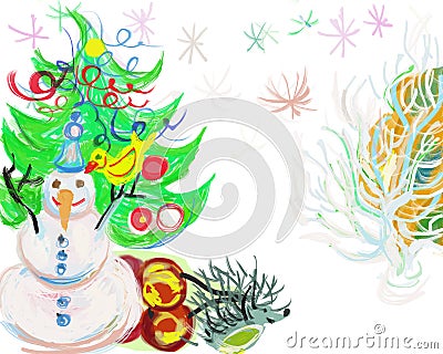 Snowman and running around dragging a sled full of presents and friends Stock Photo