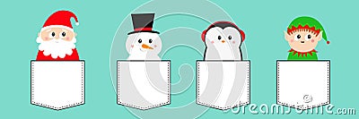 Snowman Santa Claus Elf Penguin bird round head face icon set. T-shirt pocket. New Year. Merry Christmas. Cute cartoon funny Vector Illustration