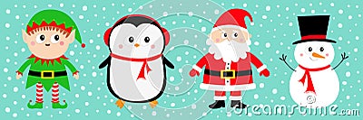 Snowman Santa Claus Elf Penguin set. Happy New Year. Merry Christmas. Red green black hat. Cute cartoon funny kawaii baby Stock Photo