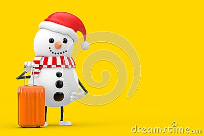 Snowman in Santa Claus Hat Character Mascot with Orange Travel Suitcase. 3d Rendering Stock Photo