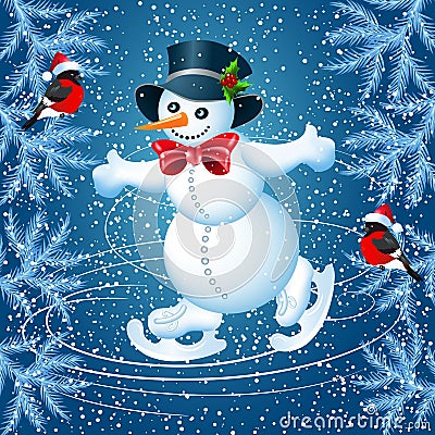 Snowman skates in cylinder hat and bullfinch Vector Illustration