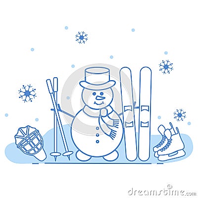 Snowman with ski and hockey equipment Vector Illustration