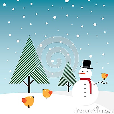 Snowman, snow, conifer trees and orange birds Vector Illustration