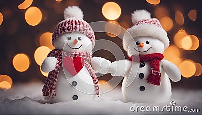snowman on the snow A lovely Christmas with two cheerful snowmen greeting card. The snowmen are in love and holding hands Stock Photo