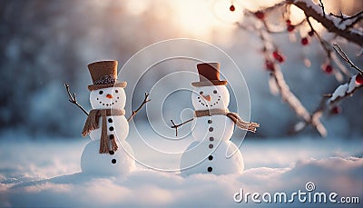 snowman of the snow Merry christmas and happy new year greeting card two cheerful snowmen standing in winter christmas Stock Photo
