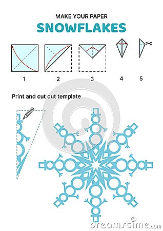 Snowman. Snowflake. How to make papercraft snowflake. Paper template. Vector Vector Illustration