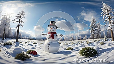 Snowman in a Snowy Field - 360-Degree Winter Wonderland Stock Photo