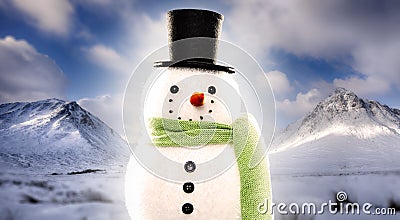 Snowman on snowy mountain background Stock Photo