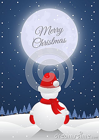 Snowman standing alone on christmas night with big moon Vector Illustration