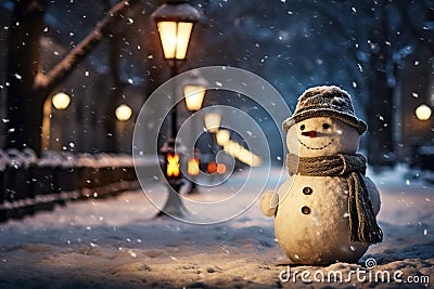 Snowman standing alone on the street at night. Christmas and New Year concept. Generative AI. Stock Photo