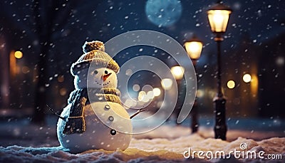 Snowman standing alone on the street at night. Christmas and New Year concept. Generative AI Stock Photo