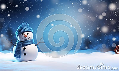 The snowman stands in a winter wonderland, surrounded by A magical winter escape Stock Photo